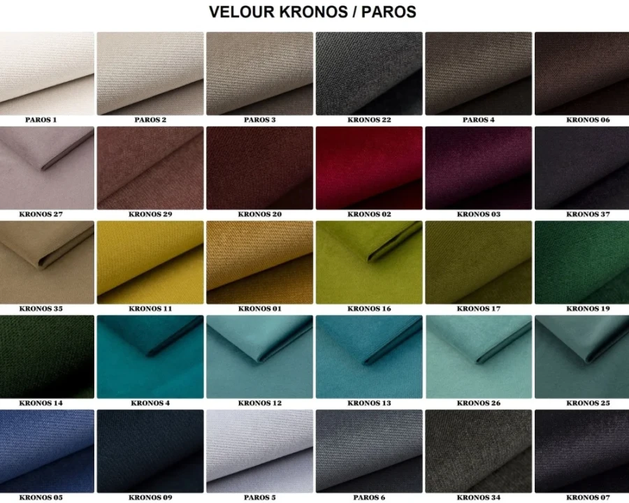 Farbauswahl der Velours-Stoffe Kronos und Paros für individuelle Polsterbetten.