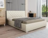 Beiges Polsterbett mit dekorativer Knopfheftung und modernem Design.