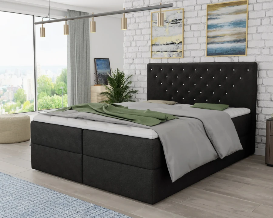 Modernes Boxspringbett in Schwarz mit edler Kristall-Steppung am Kopfteil
