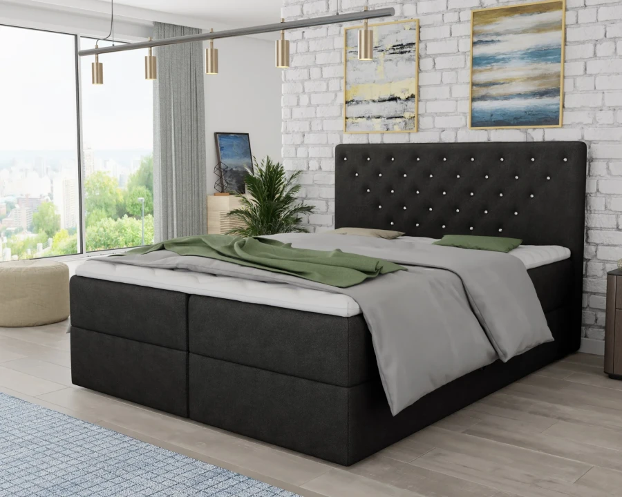 Schwarzes Doppelbett Boxspring mit glitzernden Kristalldetails und grauem Bezug