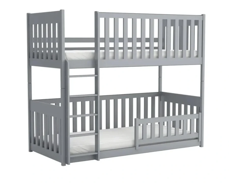 Modernes graues Etagenbett aus Holz mit Leiter und Rausfallschutz.