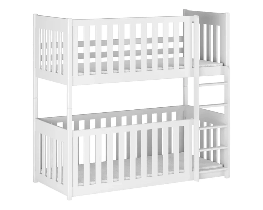 Weißes Etagenbett für Kinder mit integrierter Leiter und Rundum-Rausfallschutz.