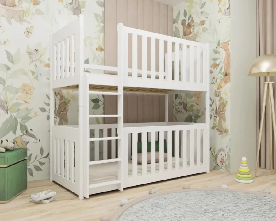 Modernes Kinderzimmer mit weißem Doppelstockbett vor Tier-Motivtapete.