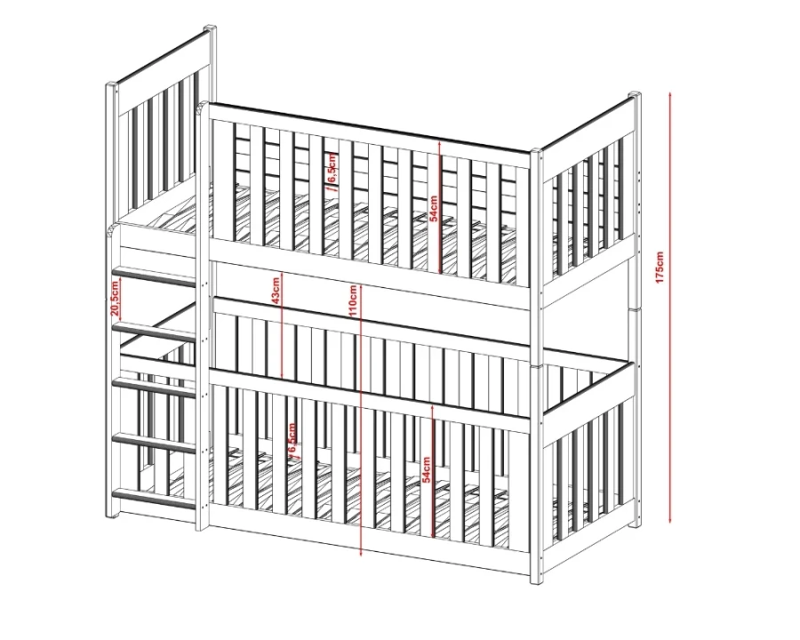 Technische tekening met afmetingen voor het stapelbed voor kinderen, hoogte 175 cm.