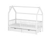 Weißes Hausbett für Kinder aus Massivholz mit Rausfallschutz und zwei großen Schubladen.