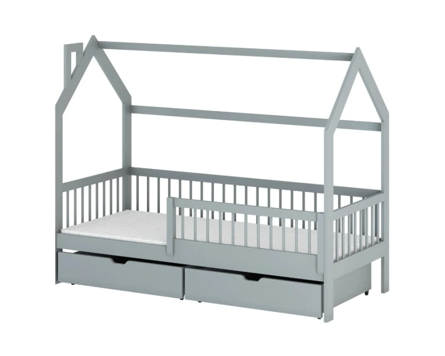 Graues Hausbett aus Holz für Kinder mit integriertem Rausfallschutz und praktischem Stauraum.