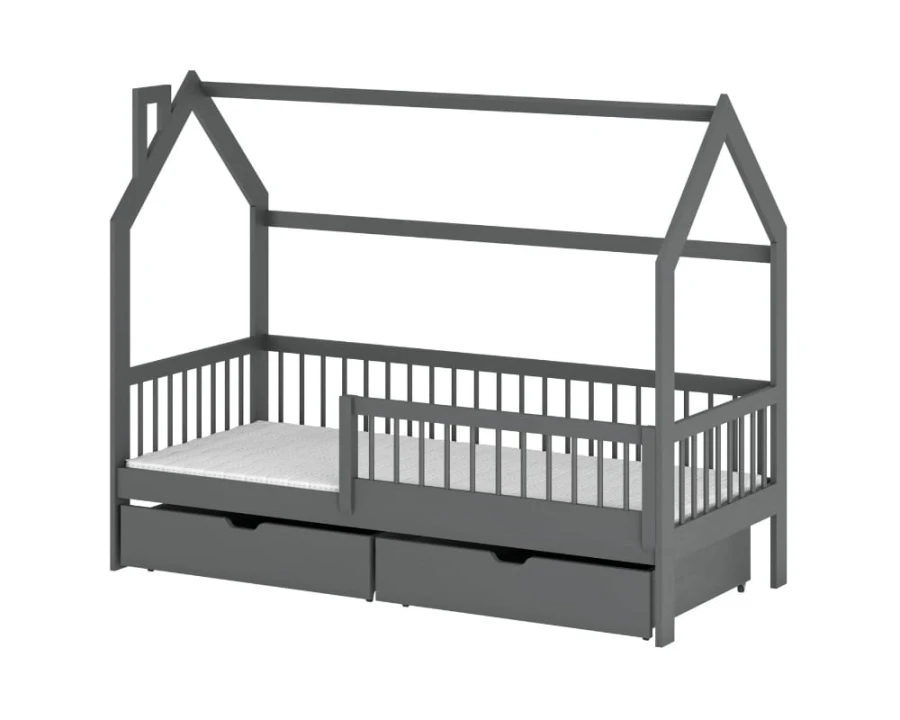 Graues Hausbett für Kinder mit Rausfallschutz und zwei Schubladen auf weißem Hintergrund.