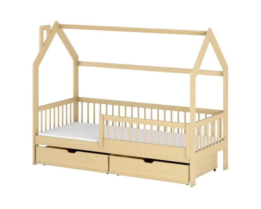 Hausbett für Kinder aus hellem Naturholz mit integrierten Bettkästen und seitlichem Schutzgitter.