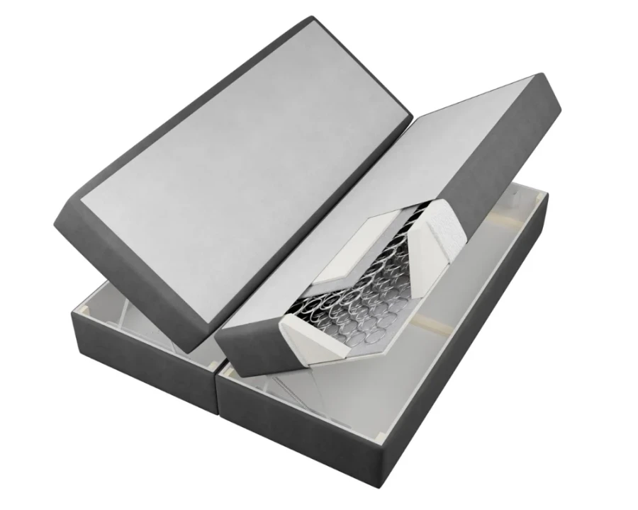 Detailansicht des Bettkastens und Federkern-Aufbaus eines modernen Boxspringbettes.