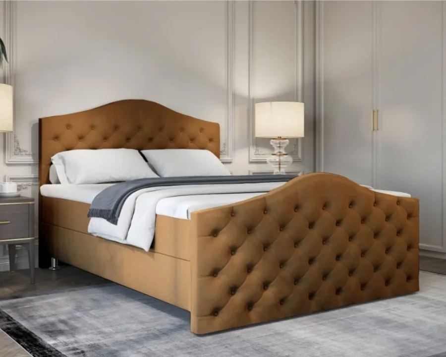 Elegantes braunes Polsterbett im Chesterfield-Stil mit hochwertiger Knopfsteppung.