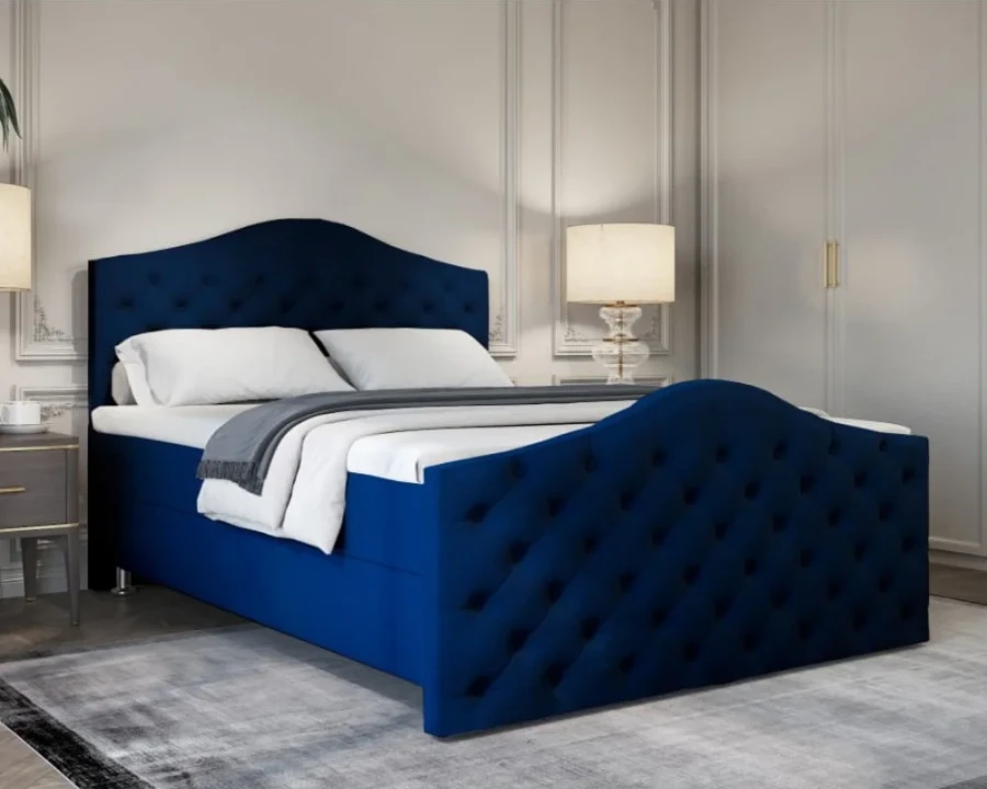 Modernes dunkelblaues Samtbett mit dekorativer Knopfheftung für stilvolles Schlafen.