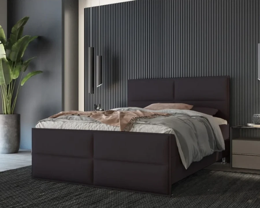 Modernes Polsterbett in Dunkelbraun mit schlichtem Kopfteil in edlem, dunklem Schlafzimmer-Ambiente.
