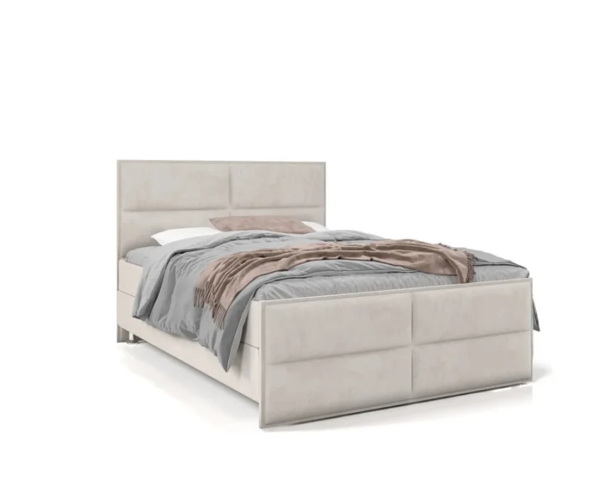 Modernes Polsterbett in Beige mit geradlinigem Design und gepolstertem Bettrahmen auf weißem Hintergrund.