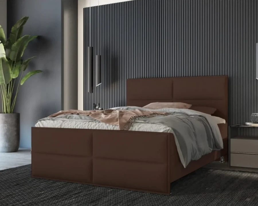 Modernes Polsterbett in Braun im stilvoll eingerichteten Schlafzimmer mit grauen Wandpaneelen.