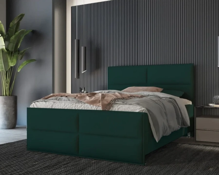 Elegantes dunkelgrünes Polsterbett in einem modernen Schlafzimmer-Ambiente mit dekorativer Wand.