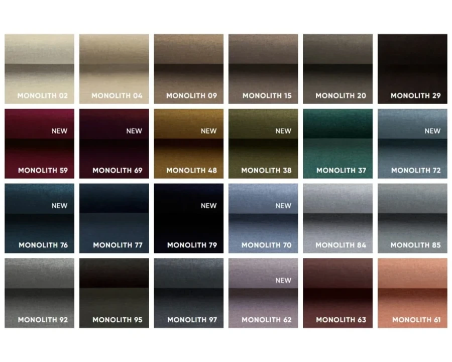Farbauswahl für Monolith Bezugsstoffe in verschiedenen Nuancen für Polstermöbel und Betten.