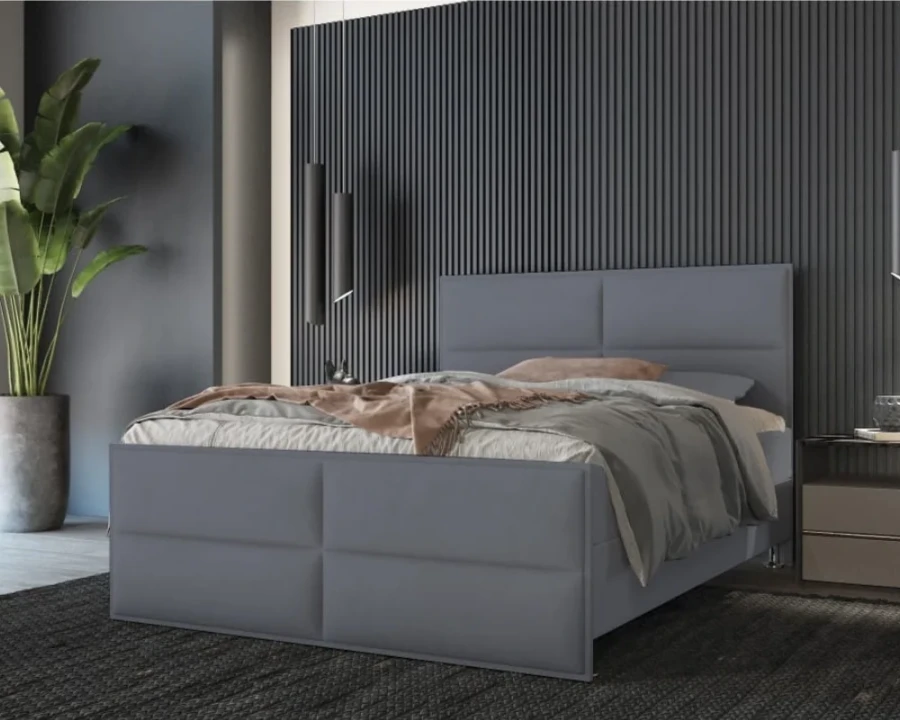 Graues Polsterbett im modernen Design, platziert in einem eleganten Schlafzimmer mit dunklen Akzenten.