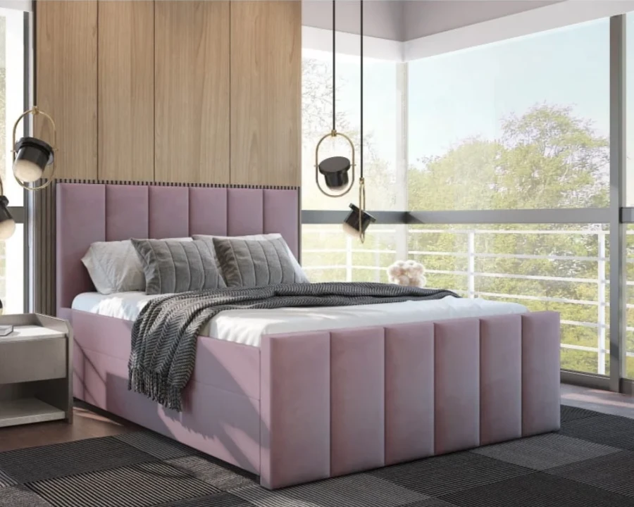 Stilvolles Polsterbett in Altrosa für ein modernes und gemütliches Schlafzimmer.