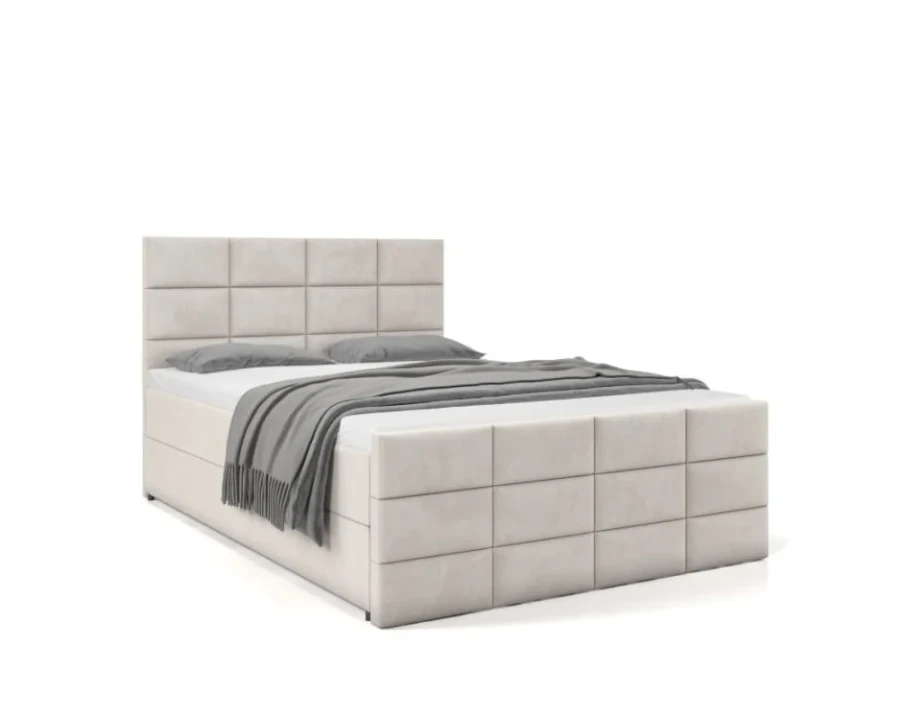 Elegantes beiges Boxspringbett mit moderner quadratischer Steppung an Kopfteil und Rahmen.