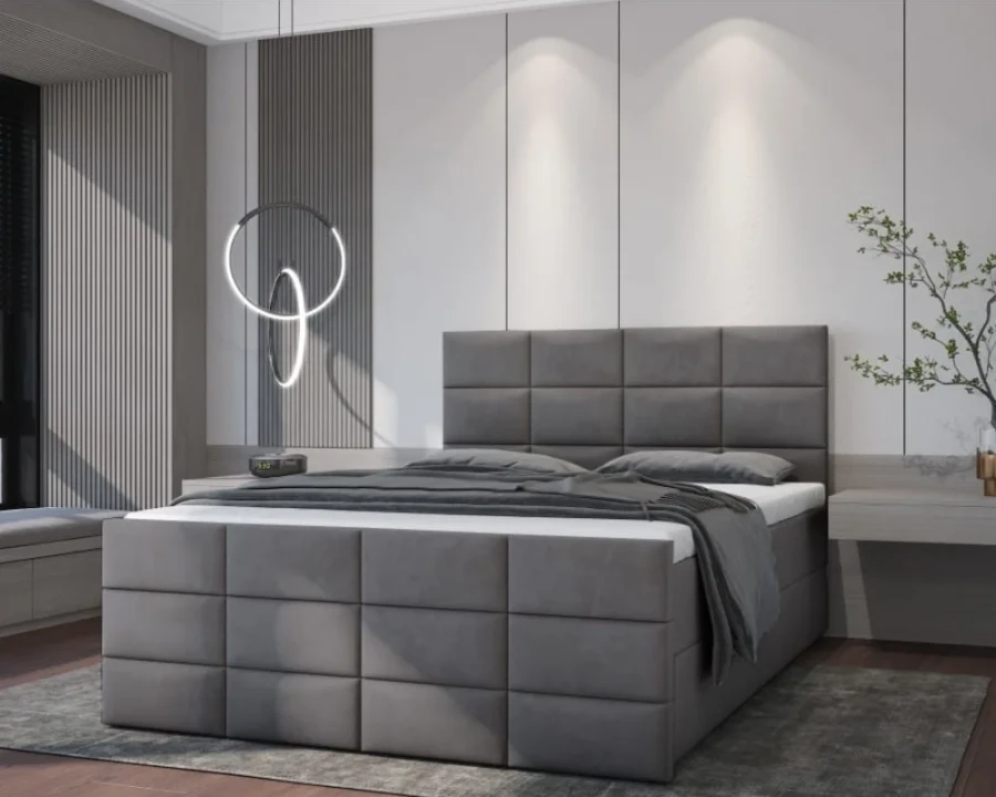 Elegantes Boxspringbett in Grau für ein stilvolles und modernes Schlafzimmer.