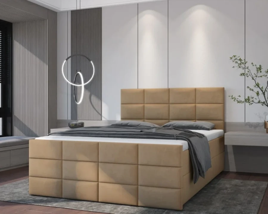 Modernes Polsterbett in Beige mit quadratischer Steppung und hohem Kopfteil im Schlafzimmer.