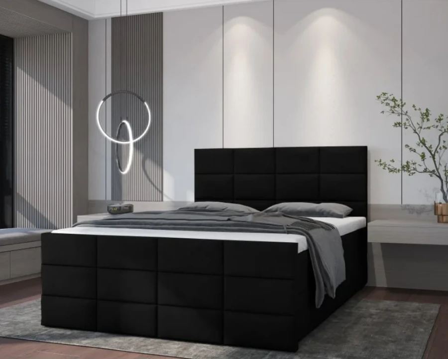 Modernes Boxspringbett in Schwarz mit gepolstertem Kopfteil für ein stilvolles Schlafzimmer.