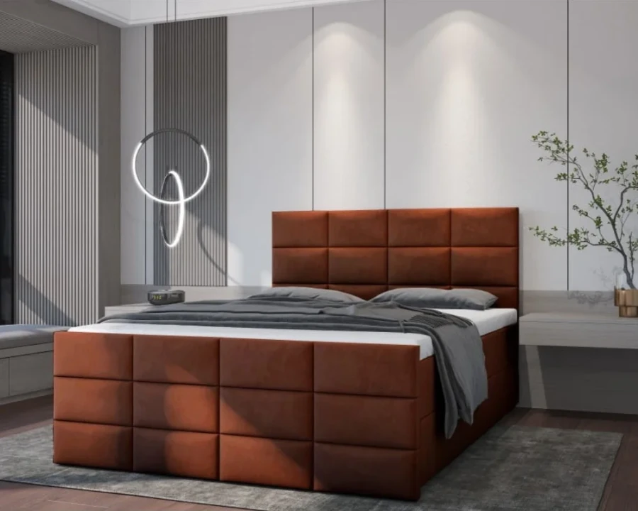Gemütliches Boxspringbett in Rostbraun mit hohem Kopfteil und moderner Polsterung für das Schlafzimmer.