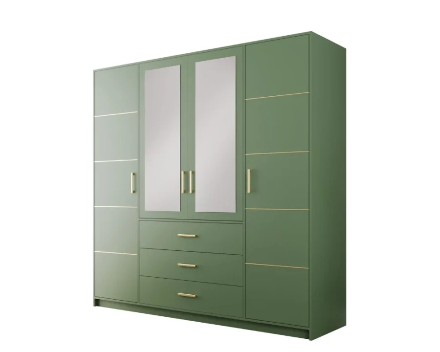 Eleganter grüner Kleiderschrank mit Spiegeln und Schubladen auf weißem Grund.