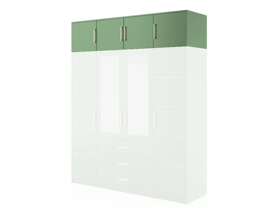 Moderner weißer Kleiderschrank mit grünem Aufsatz und Spiegelfront.