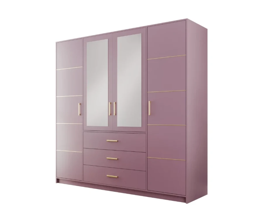 Moderner Kleiderschrank in Altrosa mit goldenen Griffen, Spiegeln und Schubladen.