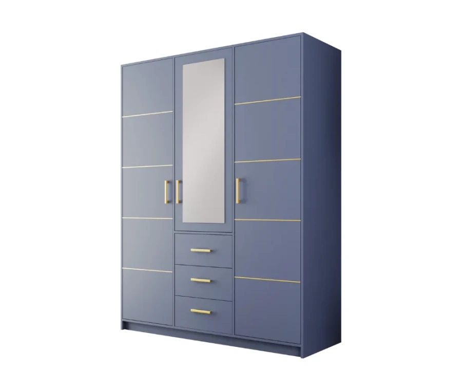 Dunkelblauer Kleiderschrank mit goldenen Akzenten, einer Spiegeltür und Schubladen.