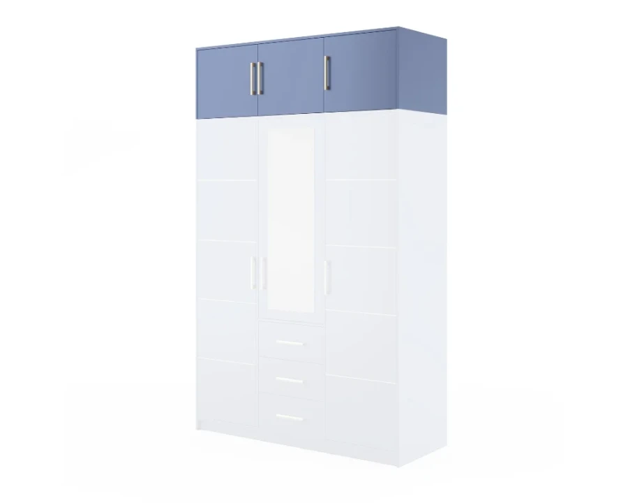 Moderner weißer Kleiderschrank mit blauen Aufsätzen, Spiegeltür und 3 Schubladen.