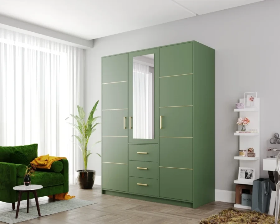 Moderner grüner Kleiderschrank mit Spiegel und Goldgriffen in stilvollem Wohnzimmer.