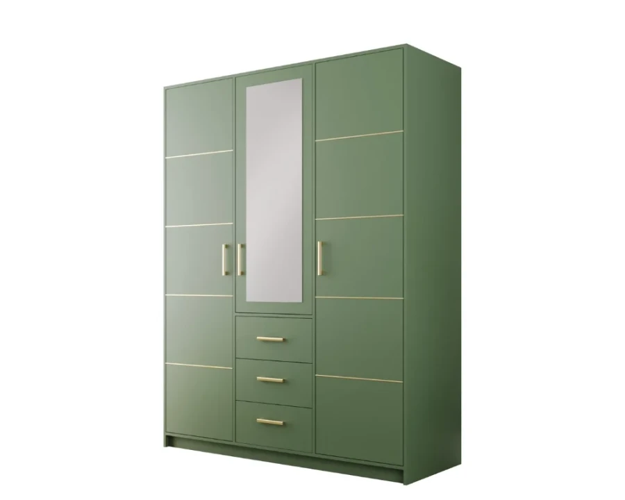 Grüner 3-türiger Kleiderschrank mit Spiegelfront und goldenen Akzenten freigestellt.