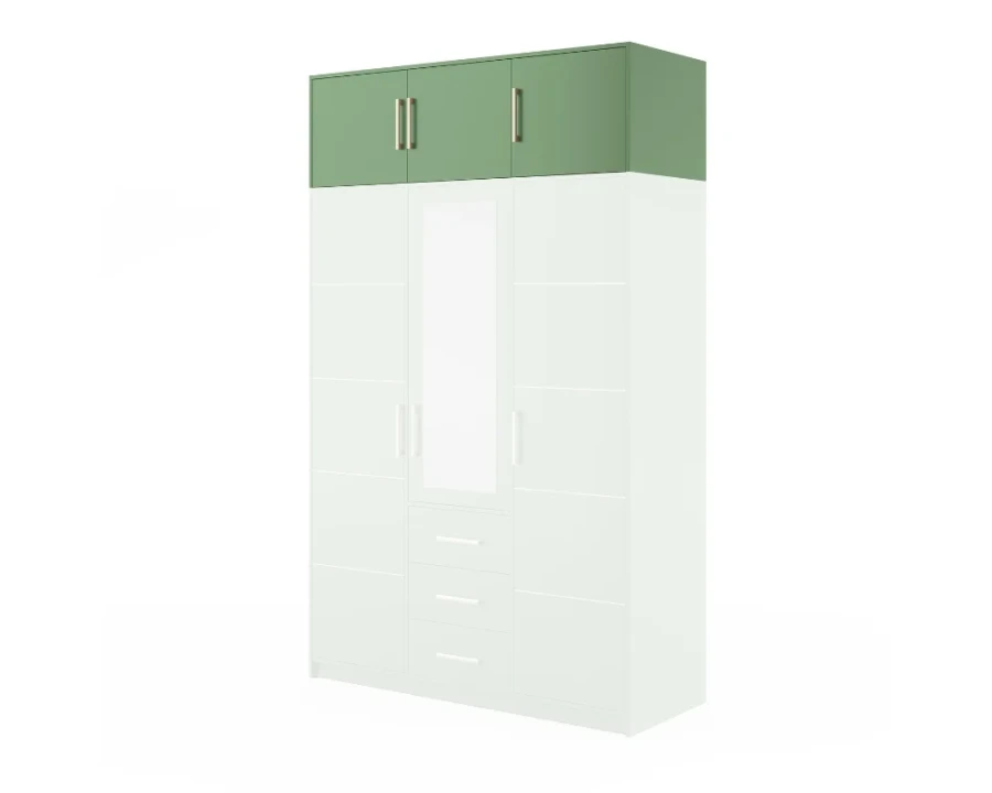 Weißer Kleiderschrank mit grünem Aufsatz, Spiegel und Schubladen für zusätzlichen Stauraum.
