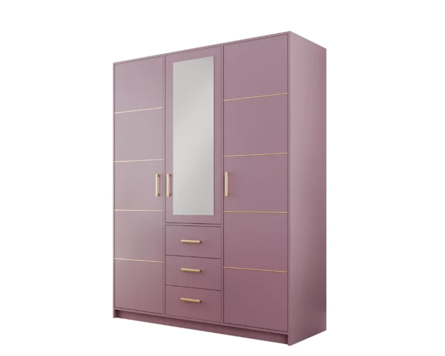 Altrosa 3-türiger Kleiderschrank mit Spiegel und goldenen Griffen, minimalistisches Design.