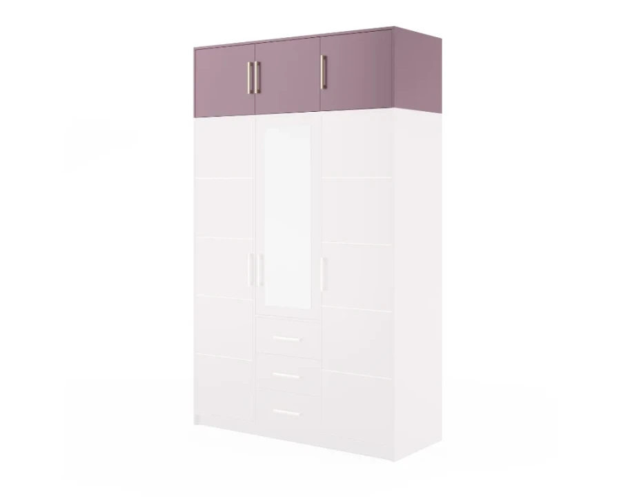 Weißer Kleiderschrank mit beerenfarbenem Aufsatz, Spiegel und drei Schubladen.