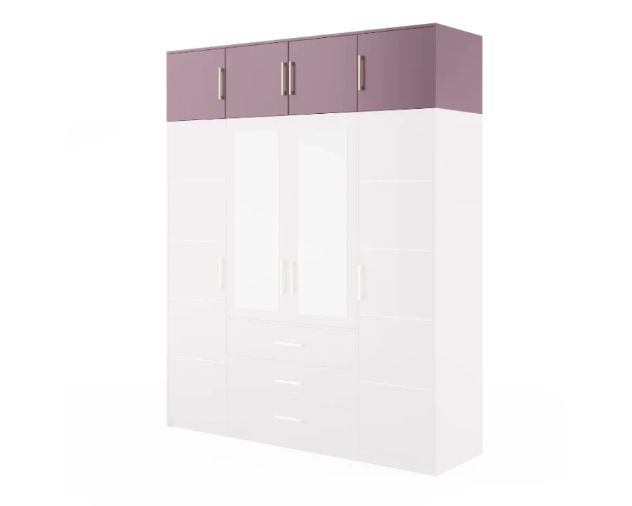 Großer weißer Kleiderschrank mit beerenfarbenem Aufsatz und zwei Spiegeltüren.