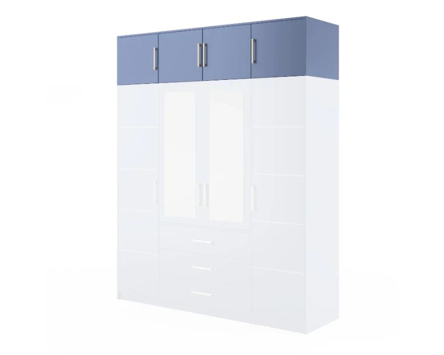 Weißer Kleiderschrank mit blauem Aufsatz, Spiegelfronten und drei Schubfächern.