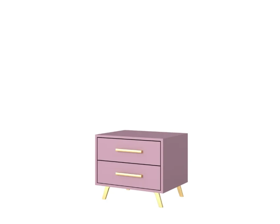 Eleganter rosa Nachttisch mit zwei Schubladen und stilvollen goldenen Beinen.