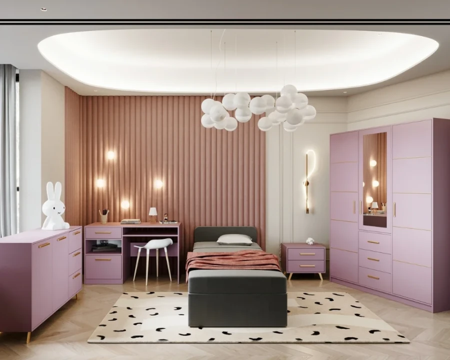 Stilvolles Jugendzimmer in Rosa mit Schreibtisch, Kleiderschrank und passenden Möbeln.