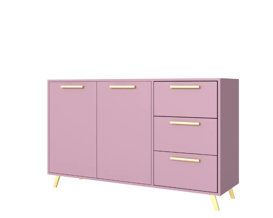 Rosa Sideboard mit goldenen Griffen und Beinen für ein modernes Schlafzimmer
