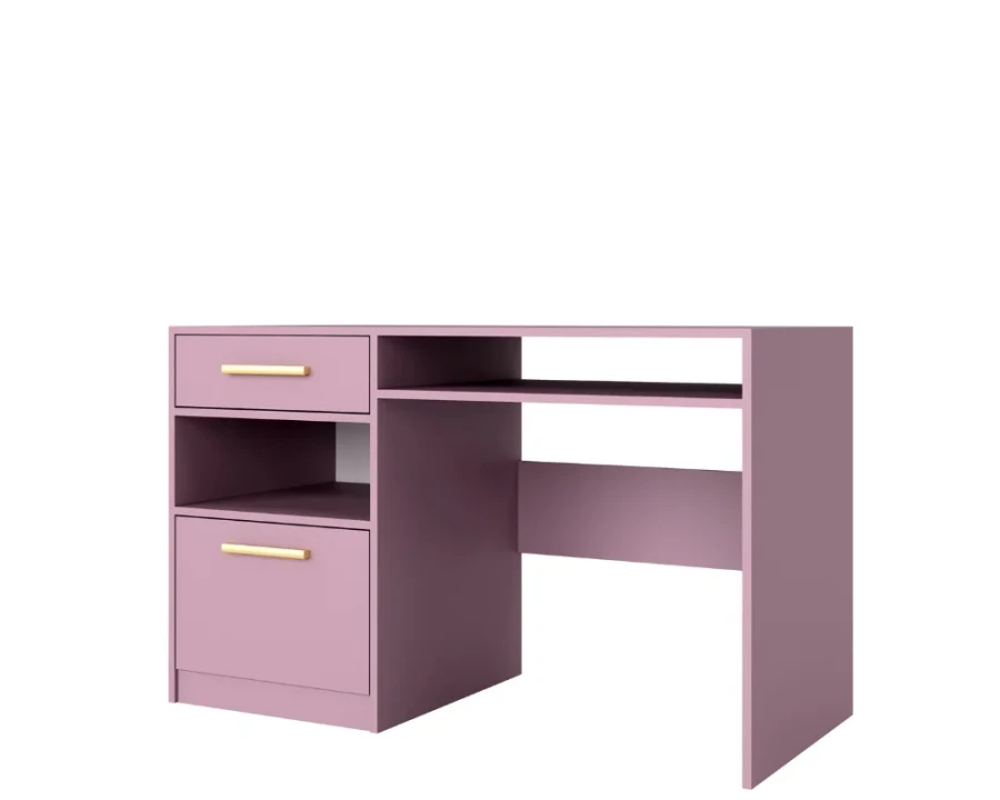 Eleganter lila Schreibtisch mit goldenen Akzenten für das Kinder- oder Jugendzimmer.