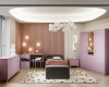 Modernes Kinderzimmer in Lila mit Bett, Schreibtisch und Kleiderschrank.