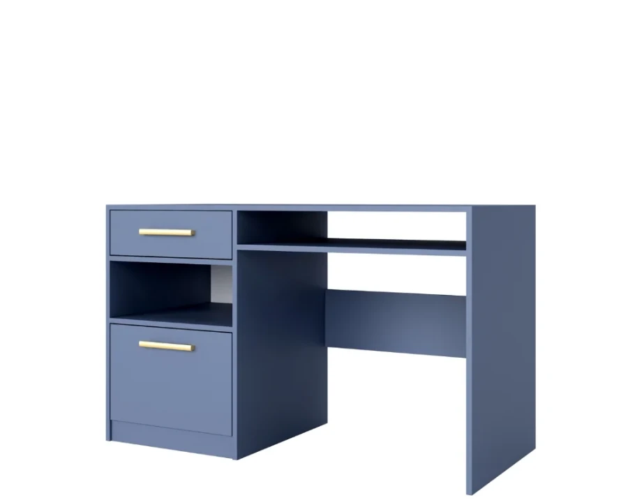 Moderner blauer Schreibtisch mit zwei Schubladen und goldenen Griffen.