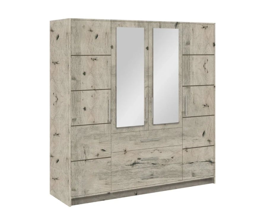 Großer Kleiderschrank in heller Holzoptik mit zwei Spiegeltüren und drei Schubladen.