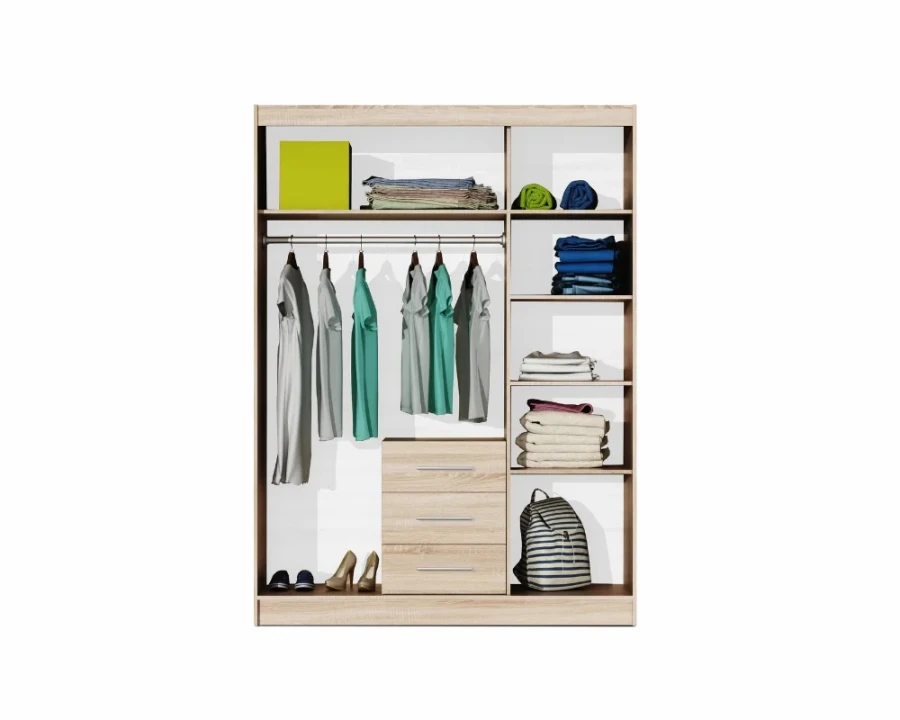 Innenansicht eines Kleiderschranks mit Kleiderstange, Regalböden und Schubladen.