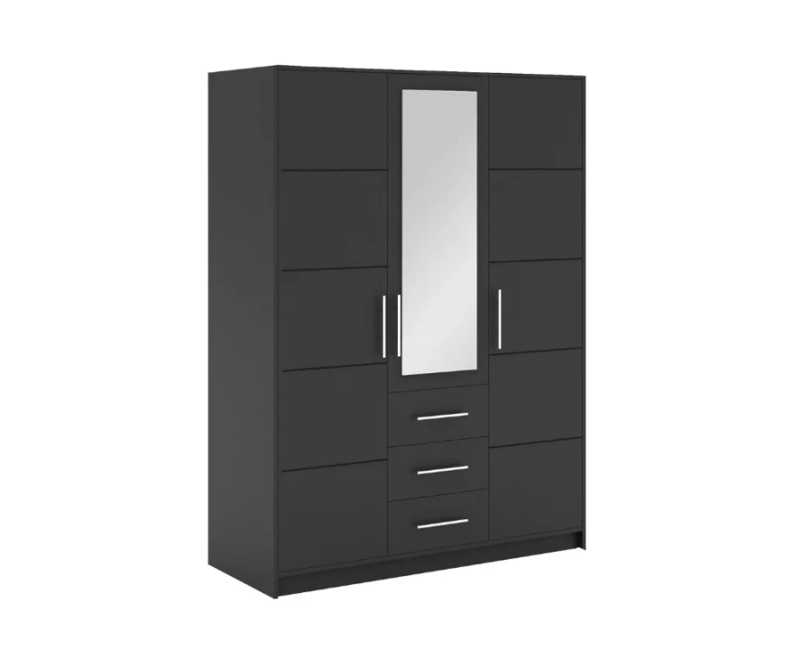 Anthrazitfarbener Kleiderschrank mit Spiegel und 3 Schubfächern, 3-türig.
