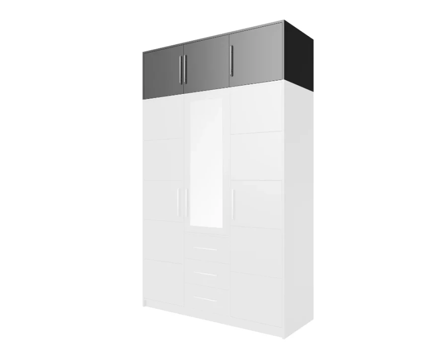 Weißer Kleiderschrank mit grauem Aufsatz, Spiegeltür und 3 Schubladen.