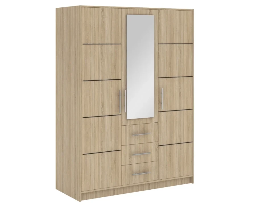 Kleiderschrank in Eiche-Optik mit Spiegel, drei Türen und drei Schubladen für das Schlafzimmer.